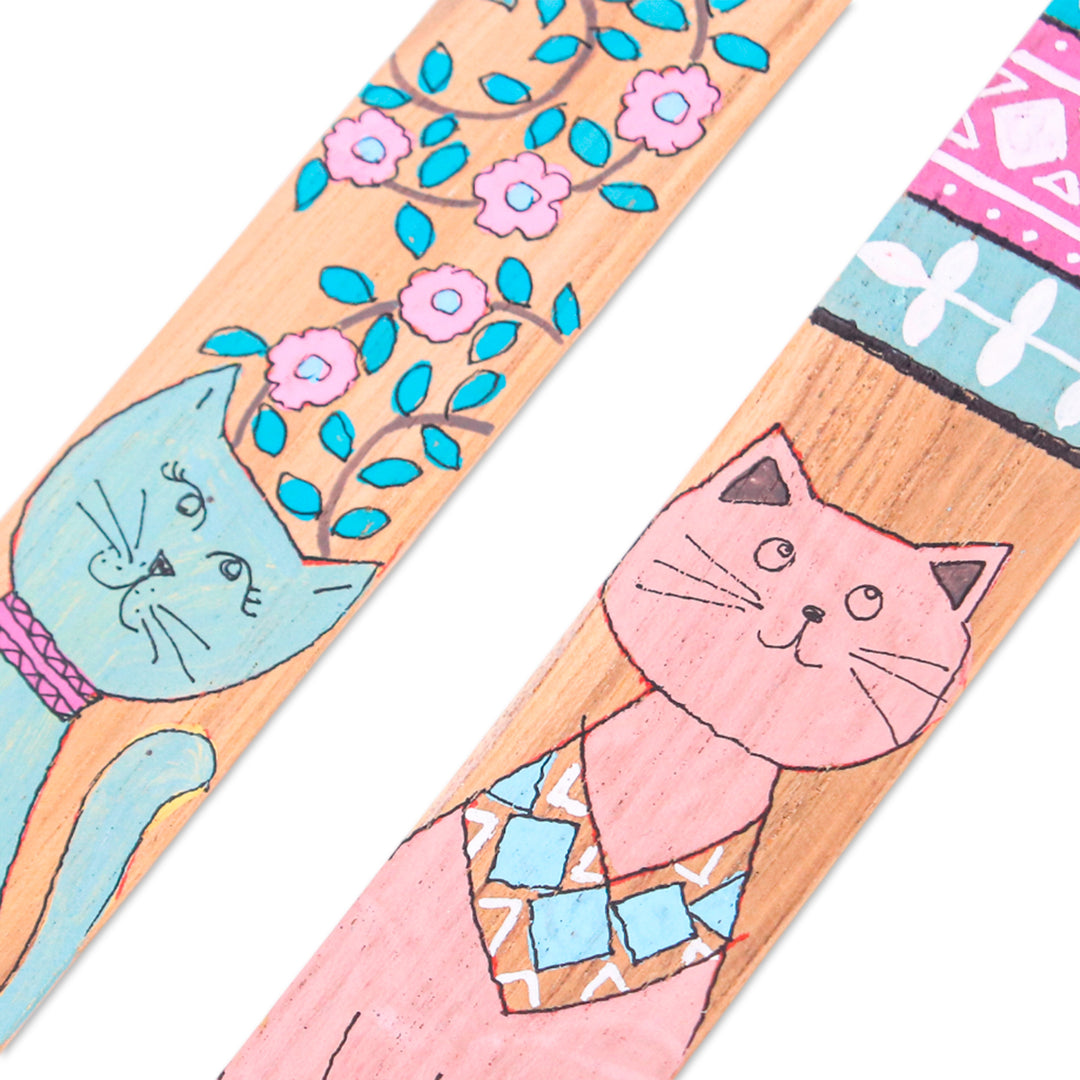 Hand-Painted Cat-Themed 2-Piece Longan Wood Bookmark Set - Feline Literature