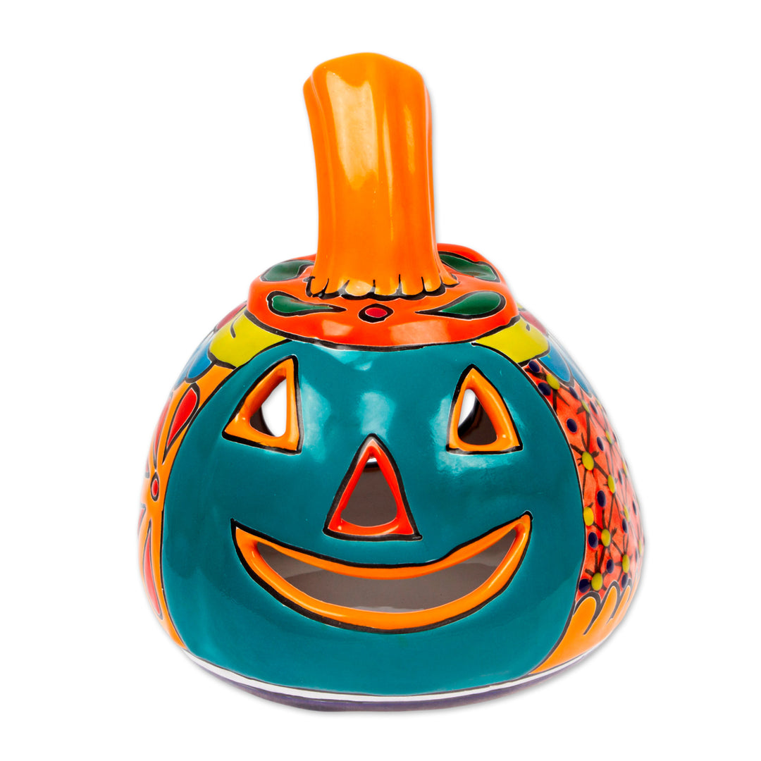 Jack-O-Lantern Talavera Style Ceramic Candle Holder - Happy Jack-O-Lantern