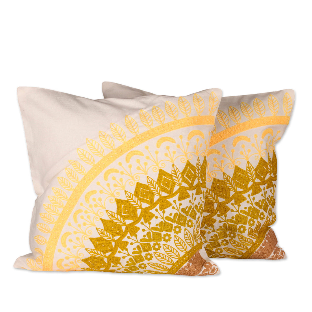 Green and Yellow Leafy Mandala Cotton Cushion Cover Pair - Divine Orchard in Spring