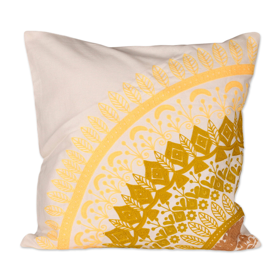 Green and Yellow Leafy Mandala Cotton Cushion Cover Pair - Divine Orchard in Spring