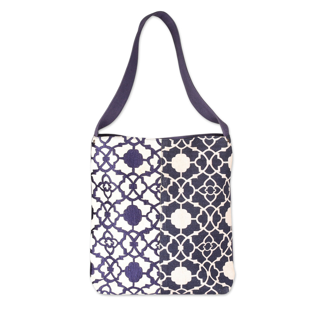 Embroidered White and Midnight Blue 100% Cotton Shoulder Bag - Midnight Blue Charm