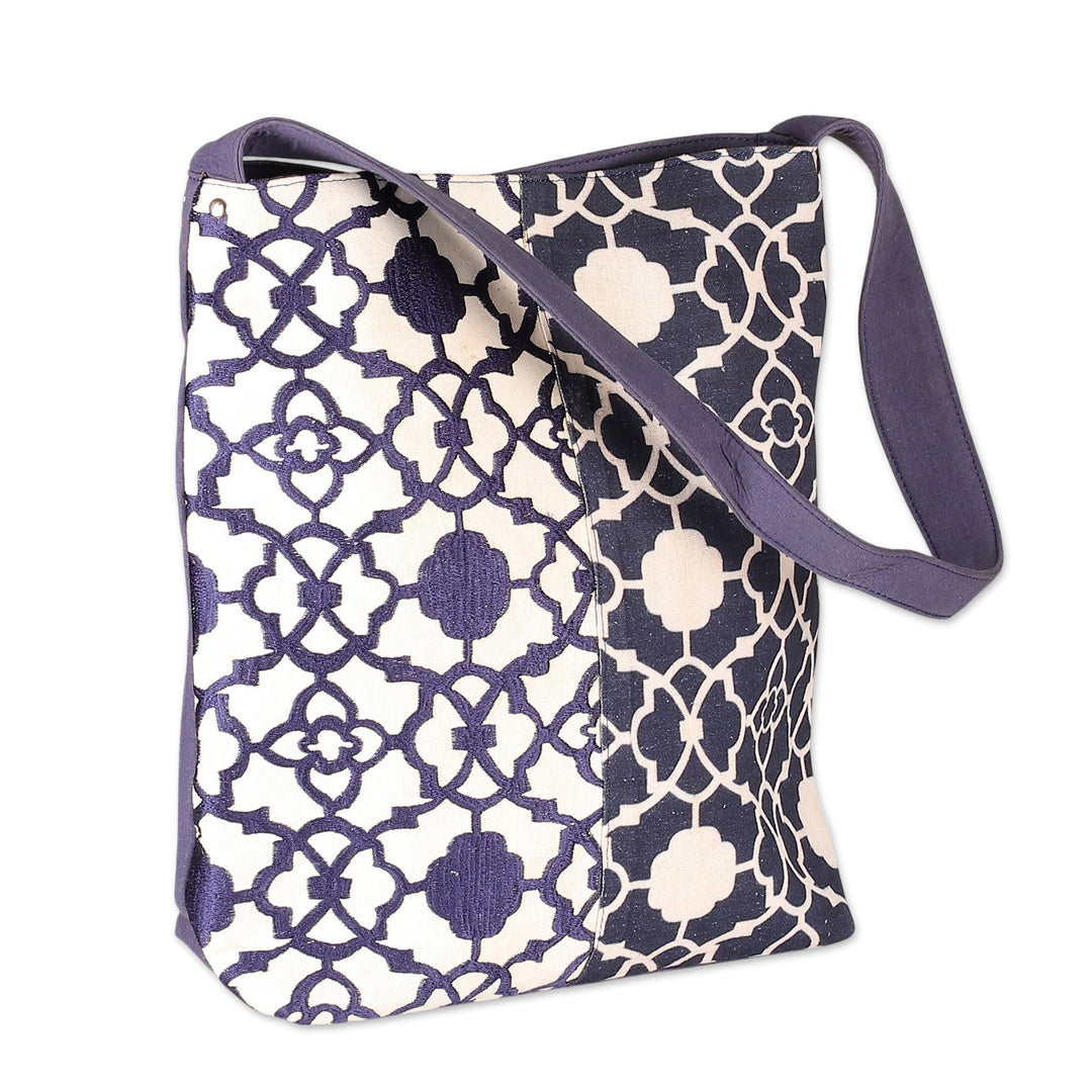 Embroidered White and Midnight Blue 100% Cotton Shoulder Bag - Midnight Blue Charm