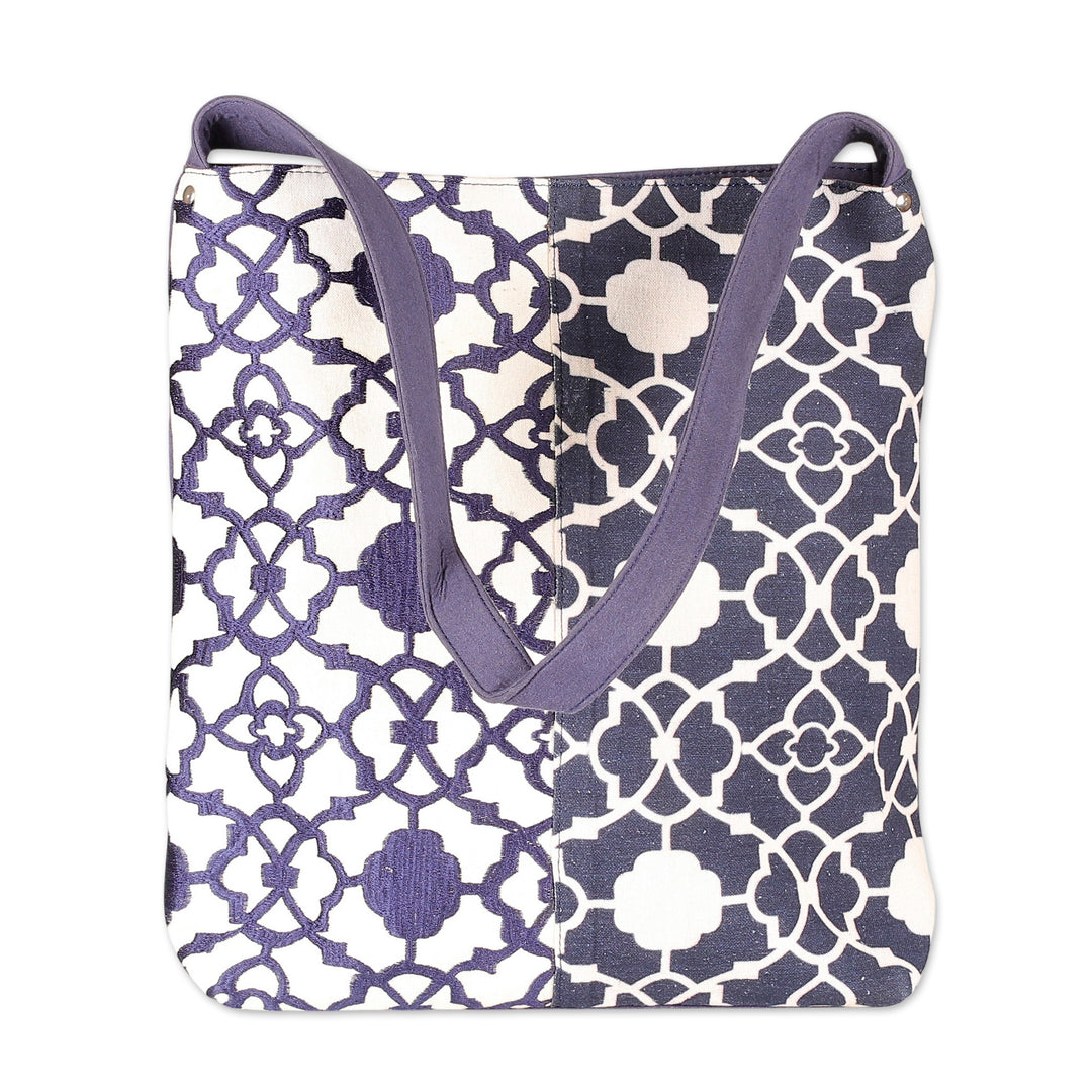 Embroidered White and Midnight Blue 100% Cotton Shoulder Bag - Midnight Blue Charm