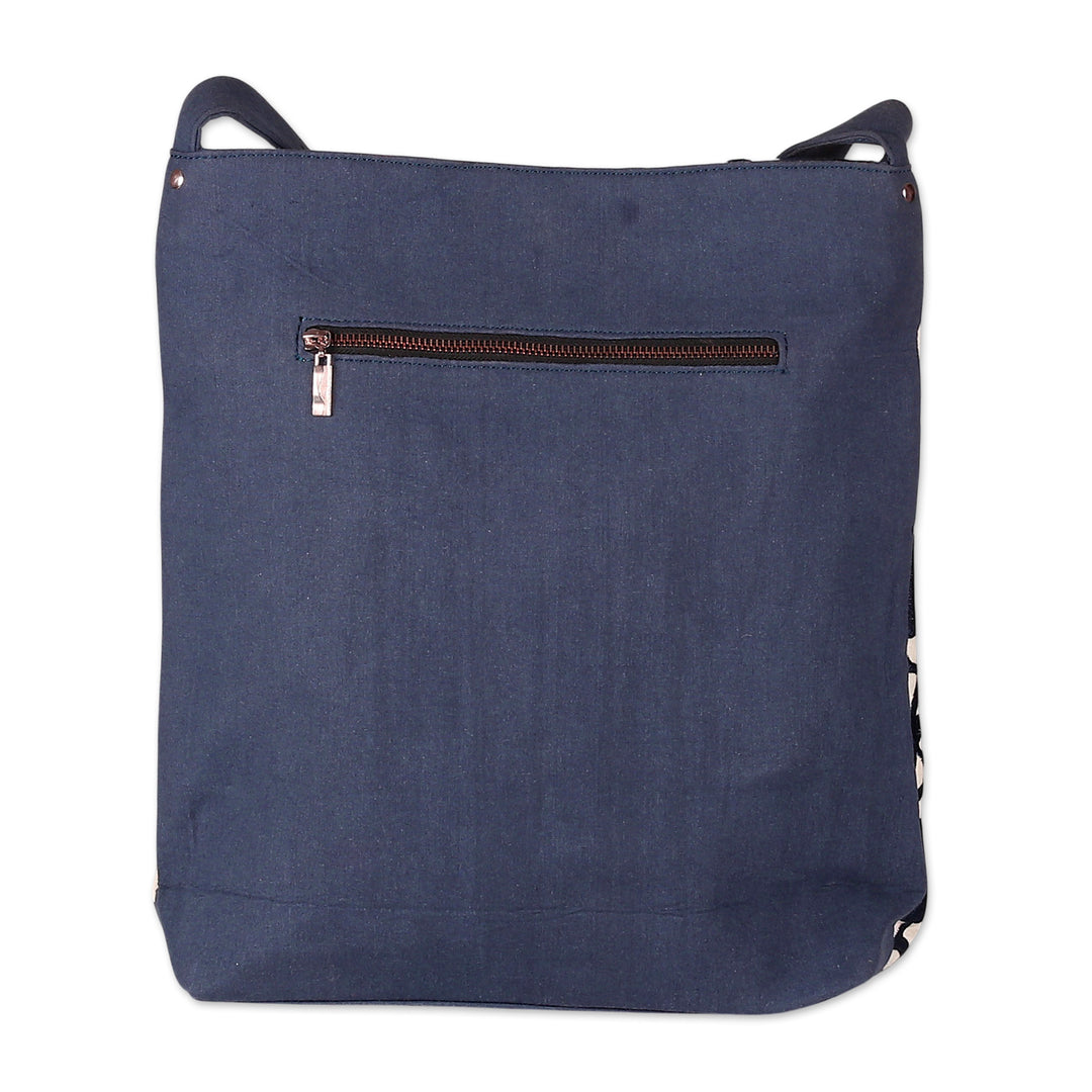 Embroidered White and Midnight Blue 100% Cotton Shoulder Bag - Midnight Blue Charm