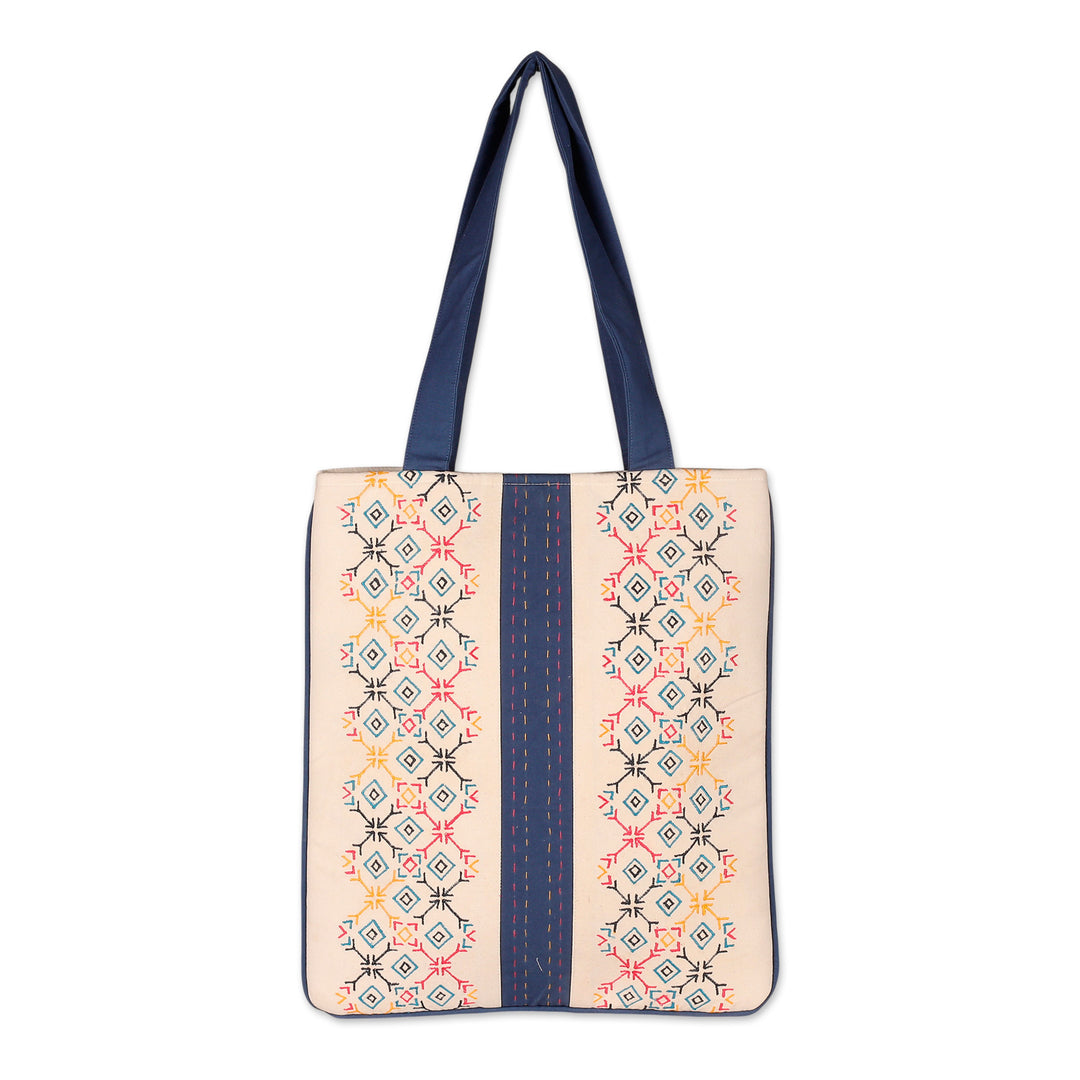 Folk Art-Themed White and Blue 100% Cotton Shoulder Bag - Paths to Midnight