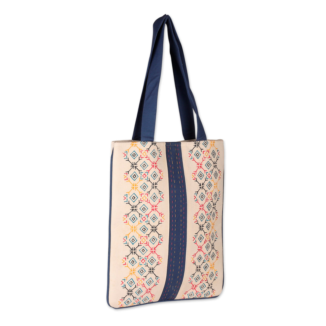 Folk Art-Themed White and Blue 100% Cotton Shoulder Bag - Paths to Midnight