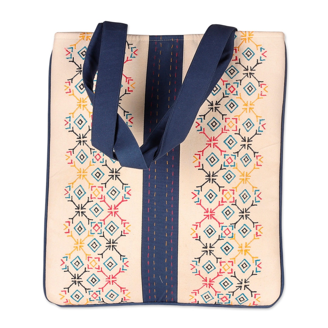Folk Art-Themed White and Blue 100% Cotton Shoulder Bag - Paths to Midnight