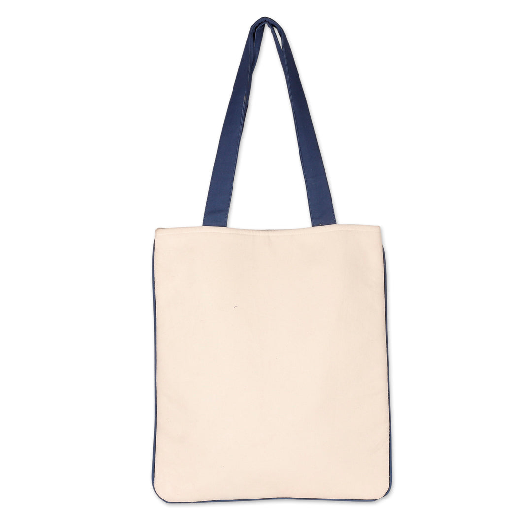 Folk Art-Themed White and Blue 100% Cotton Shoulder Bag - Paths to Midnight