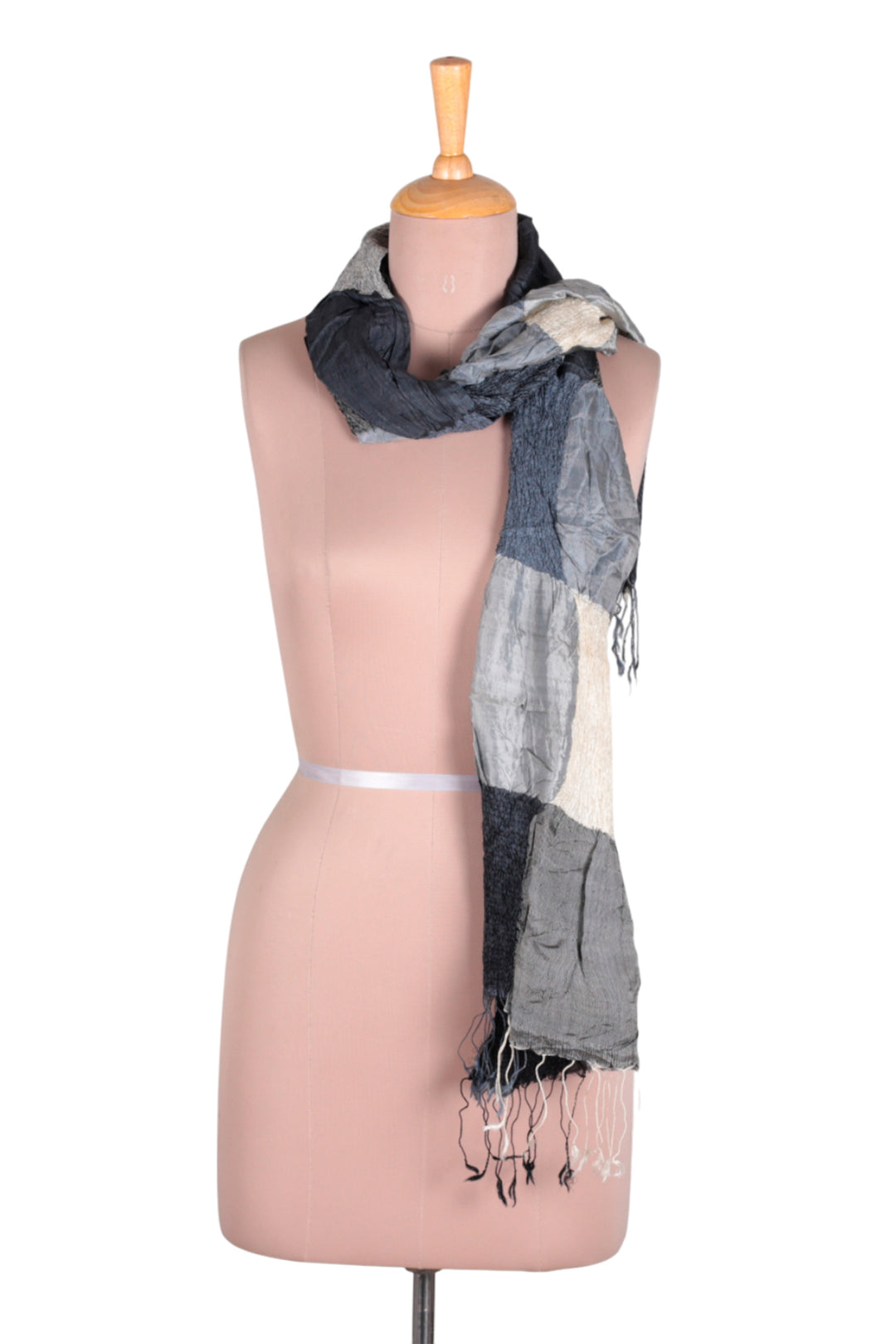 Checkerboard-Themed Ruffled Patchwork Fringed Silk Scarf - Mystique Grey