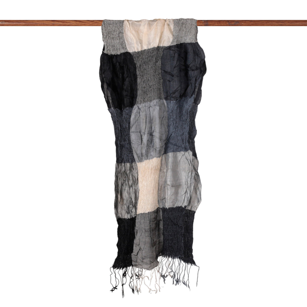 Checkerboard-Themed Ruffled Patchwork Fringed Silk Scarf - Mystique Grey