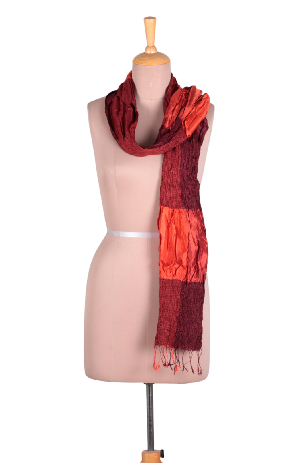 Red Brown Black Checkerboard Ruffled Patchwork Silk Scarf - Mystique Russet