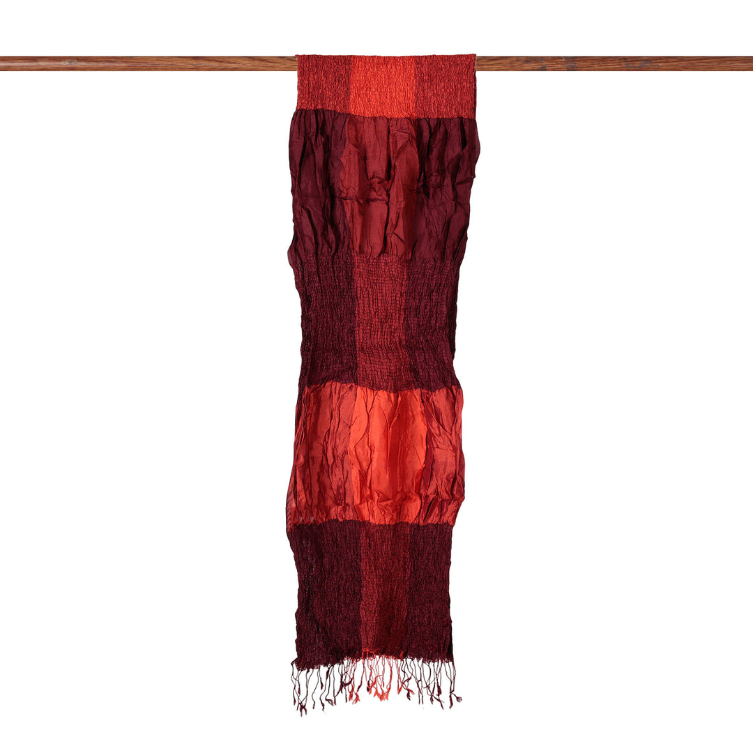 Red Brown Black Checkerboard Ruffled Patchwork Silk Scarf - Mystique Russet