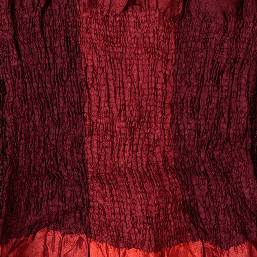 Red Brown Black Checkerboard Ruffled Patchwork Silk Scarf - Mystique Russet