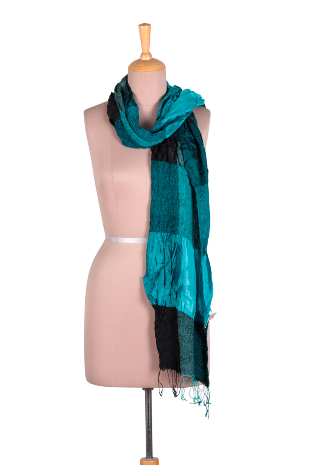 Checkered Ruffled Fringed Woven Silk Scarf in Teal Shades - Mystique Teal
