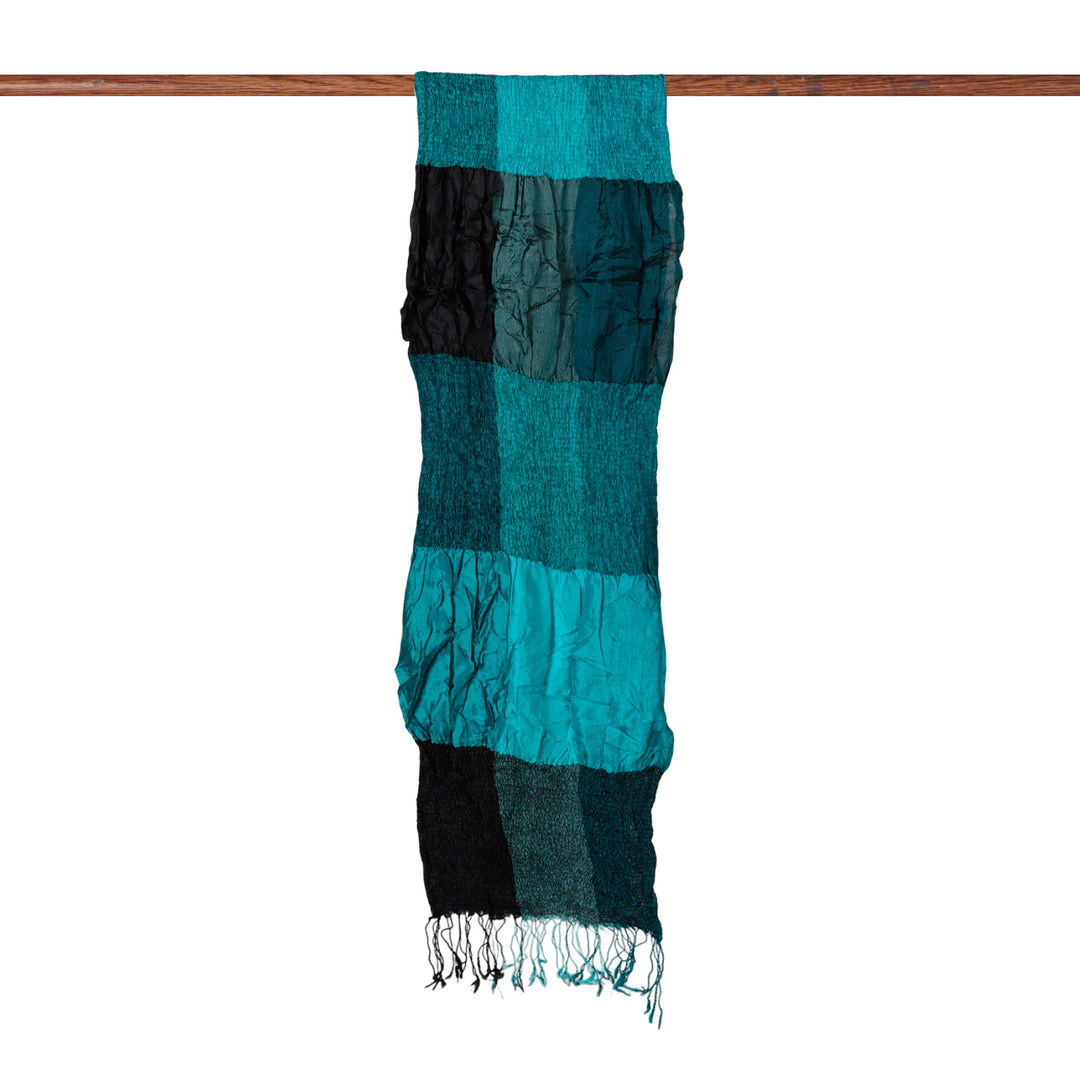 Checkered Ruffled Fringed Woven Silk Scarf in Teal Shades - Mystique Teal