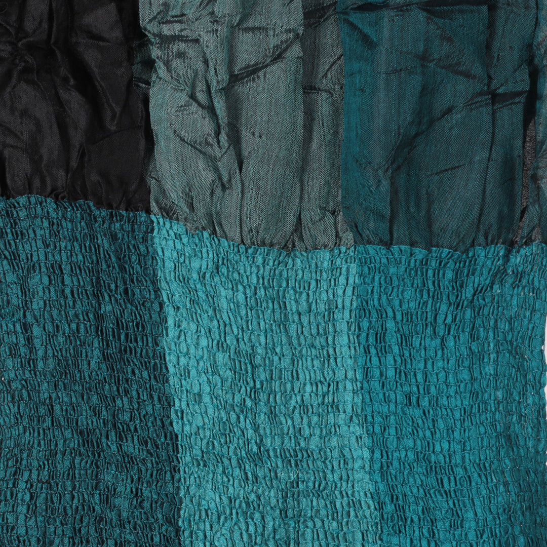 Checkered Ruffled Fringed Woven Silk Scarf in Teal Shades - Mystique Teal