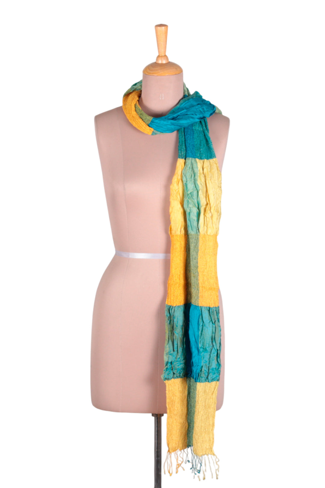 Yellow Green Blue Checkered Ruffled Patchwork Silk Scarf - Mystique Yellow