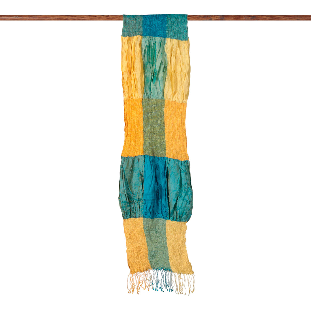 Yellow Green Blue Checkered Ruffled Patchwork Silk Scarf - Mystique Yellow