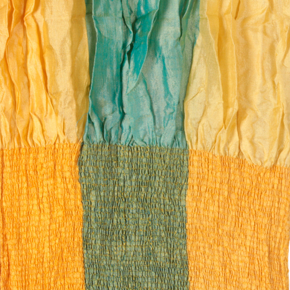 Yellow Green Blue Checkered Ruffled Patchwork Silk Scarf - Mystique Yellow