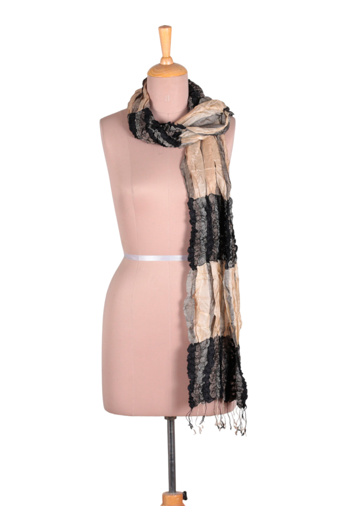Fashionable Silk Scarf with Fringes and Textured Ruffles - Mystique Appeal