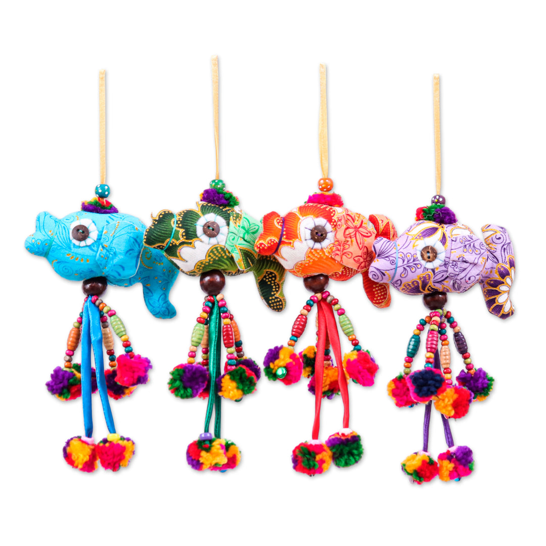 4 Cotton Blend Beaded Fish Christmas Ornaments with Pompoms - Festive Fish