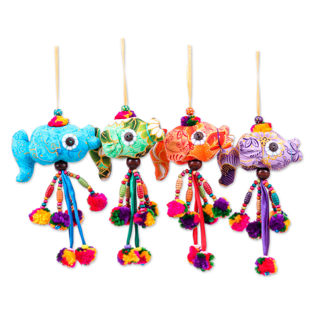 4 Cotton Blend Beaded Fish Christmas Ornaments with Pompoms - Festive Fish