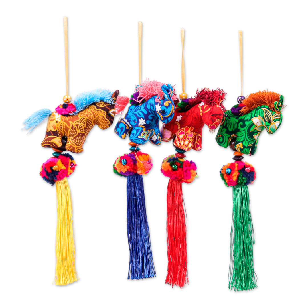 Embroidered 4-Piece Rayon and Cotton Horse Ornament Set - Gallop in Colors