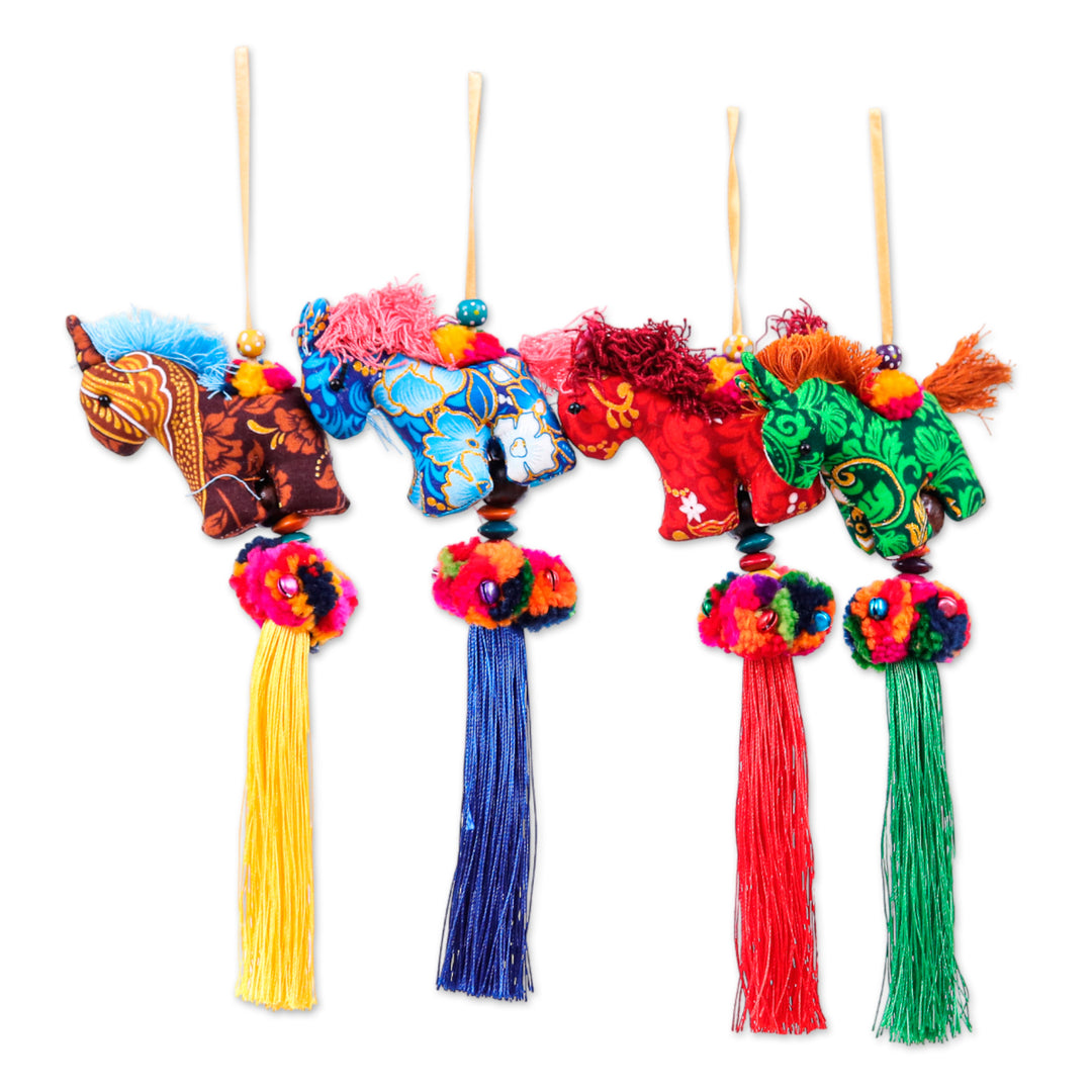 Embroidered 4-Piece Rayon and Cotton Horse Ornament Set - Gallop in Colors