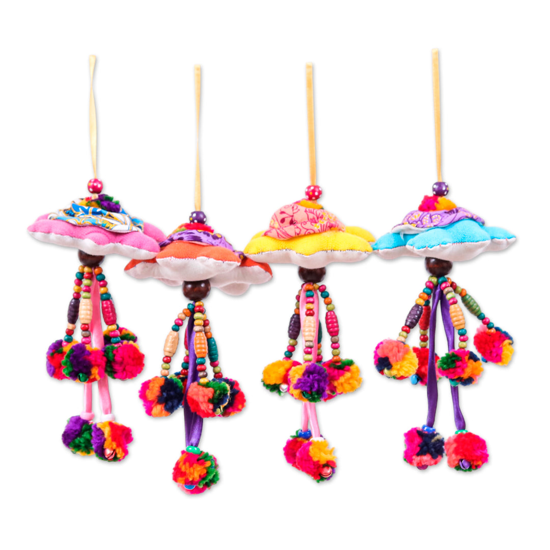 4 Cotton Blend Turtle Christmas Ornaments with Pompom Bell - Joyful Turtles