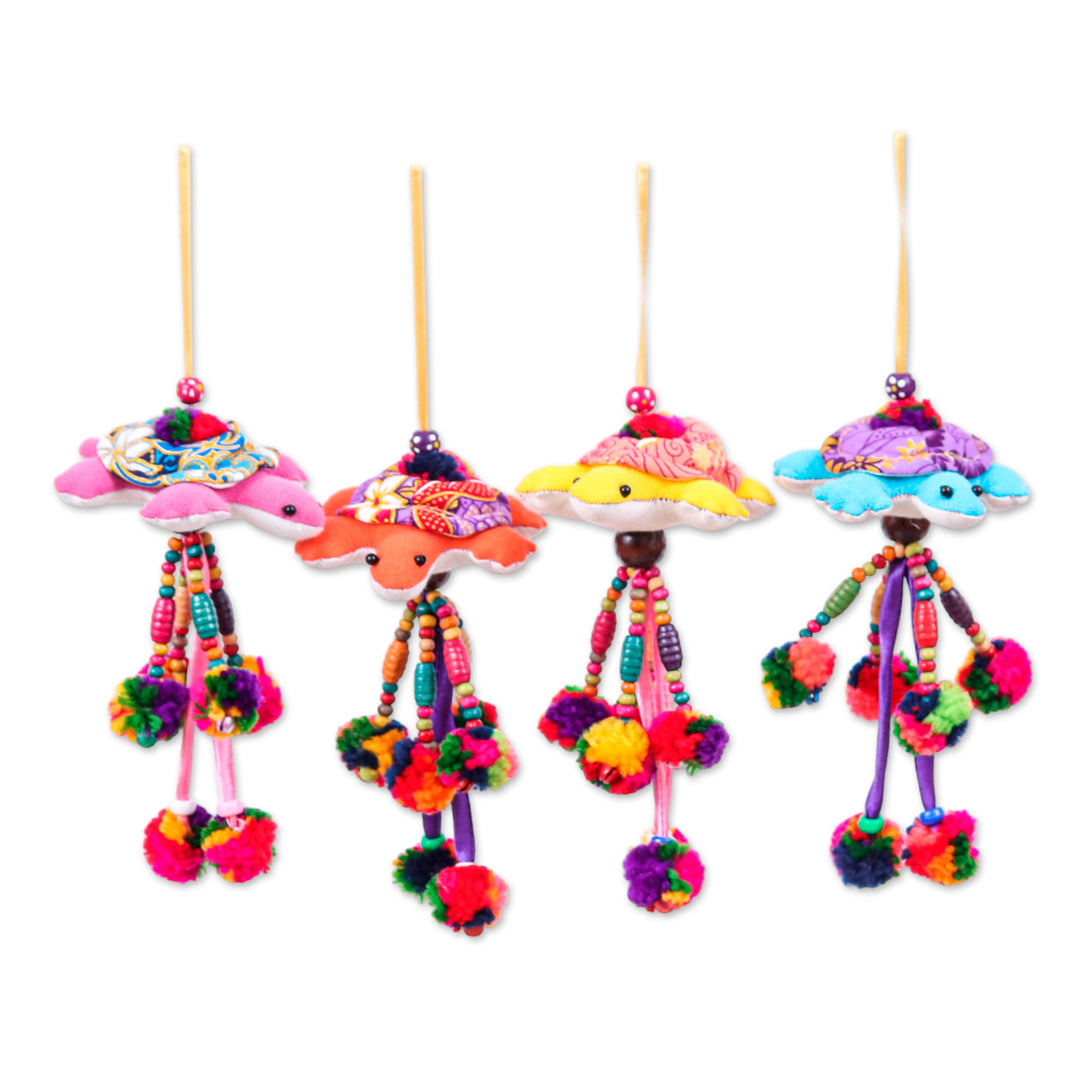 4 Cotton Blend Turtle Christmas Ornaments with Pompom Bell - Joyful Turtles