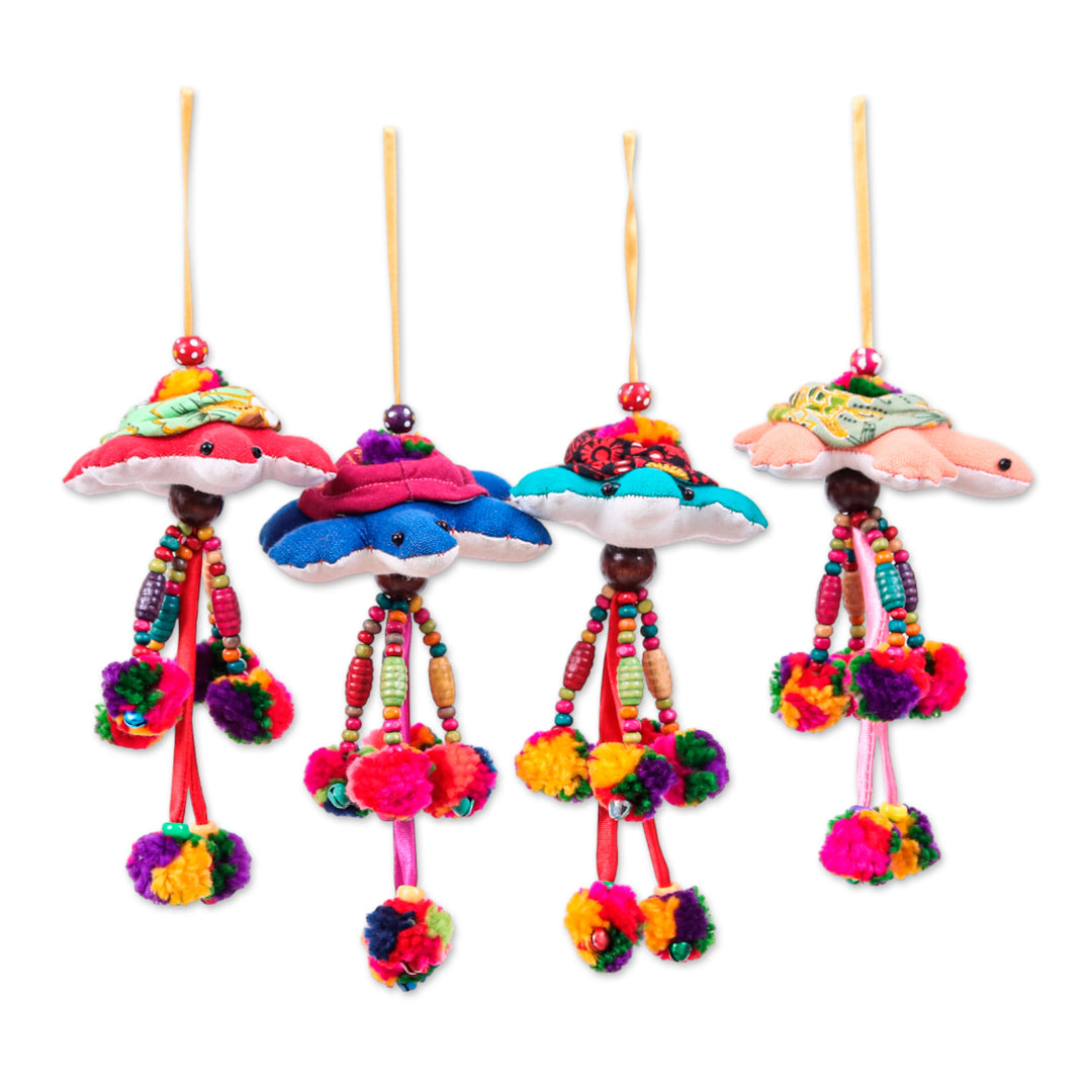 4 Turtle-Themed Cotton Blend Ornaments with Pompoms Bells - Holiday Turtles