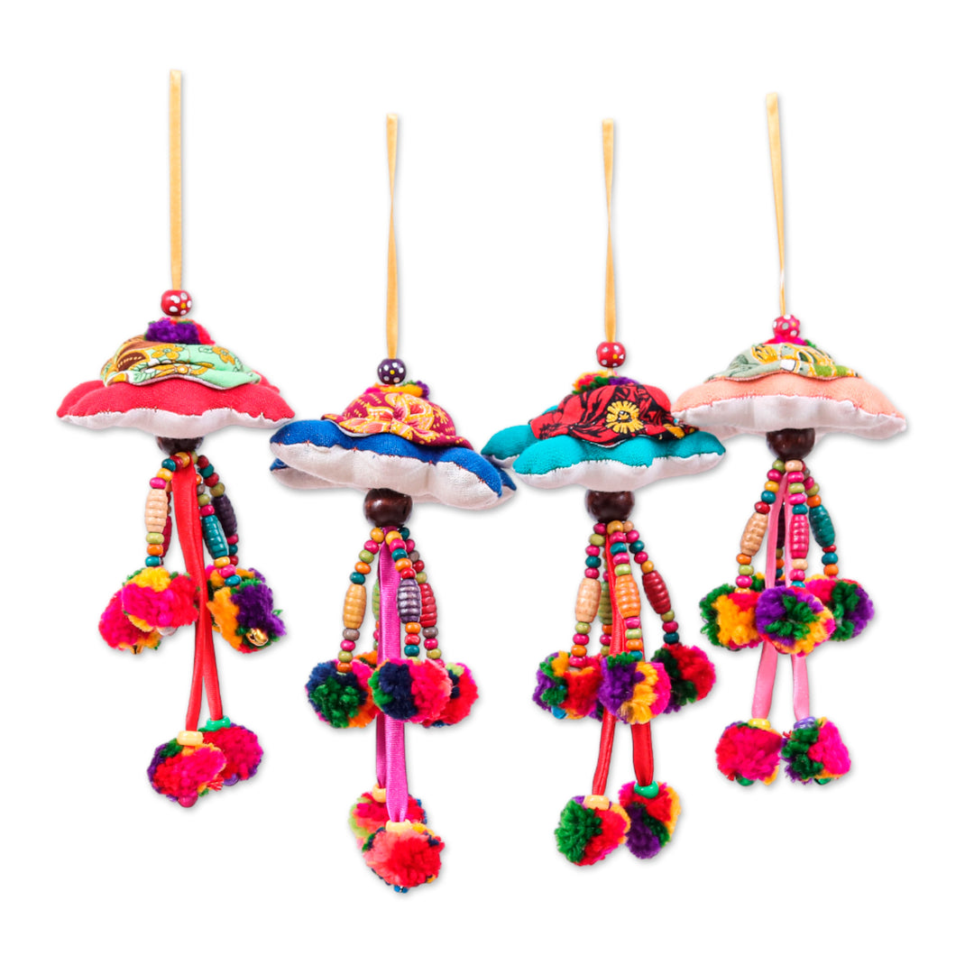 4 Turtle-Themed Cotton Blend Ornaments with Pompoms Bells - Holiday Turtles