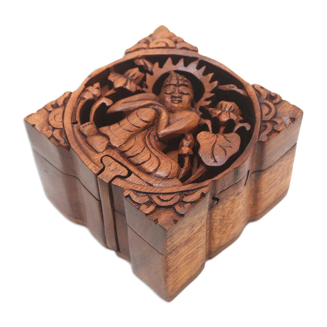 Buddha-Themed Suar Wood Puzzle Box - Restful Buddha
