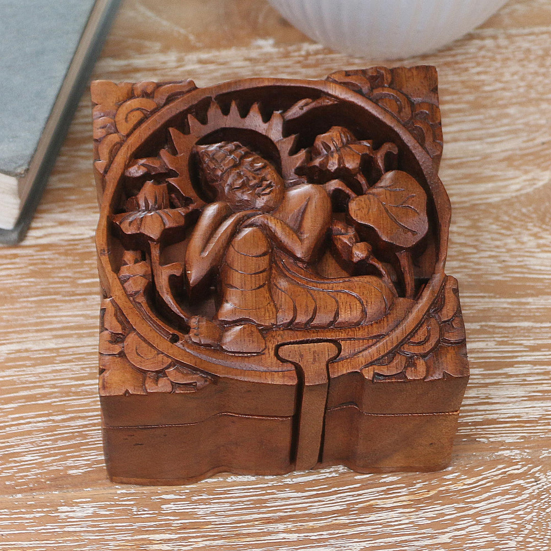 Buddha-Themed Suar Wood Puzzle Box - Restful Buddha