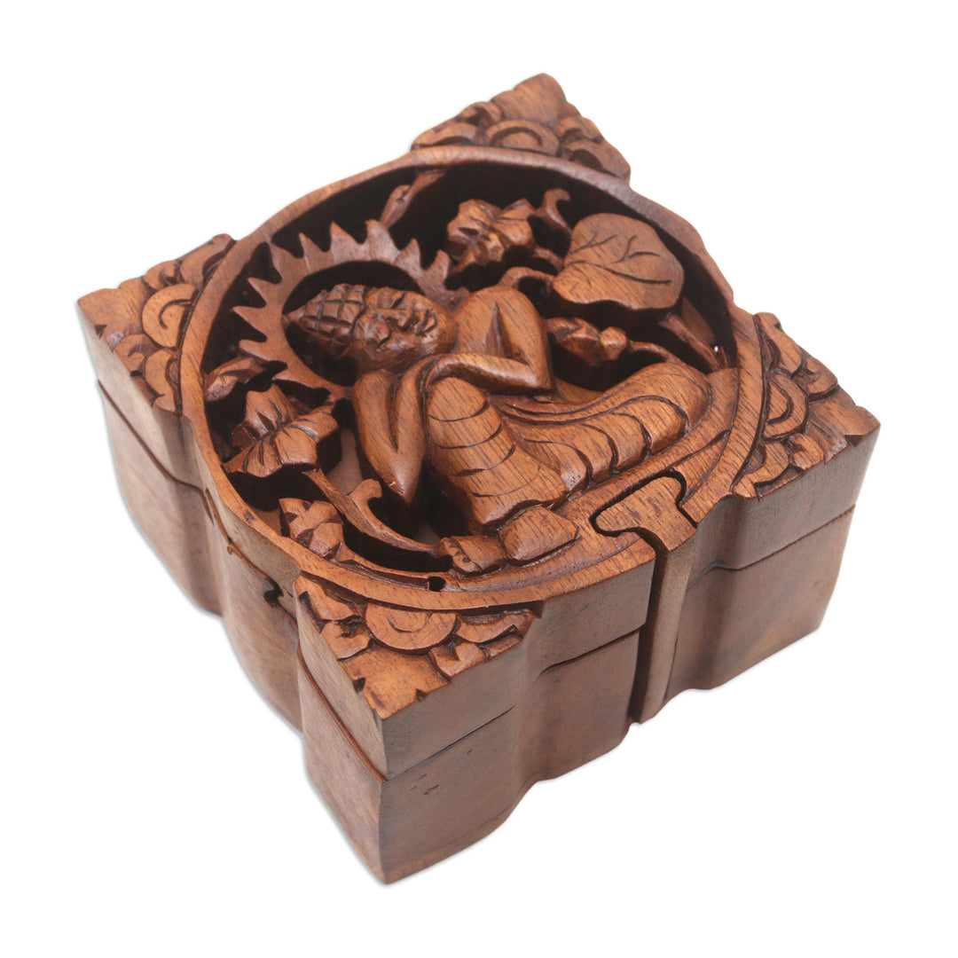 Buddha-Themed Suar Wood Puzzle Box - Restful Buddha