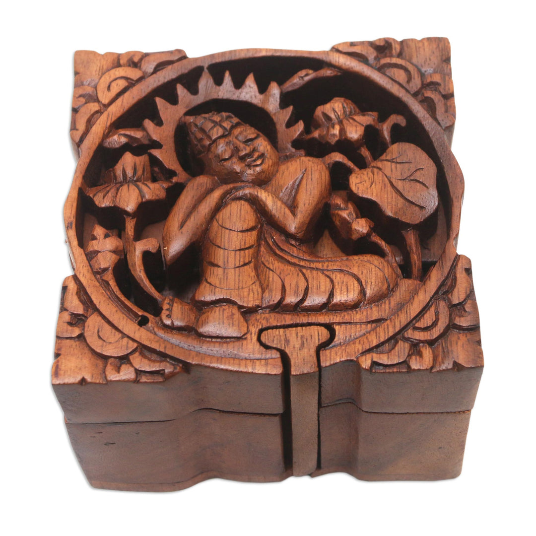 Buddha-Themed Suar Wood Puzzle Box - Restful Buddha