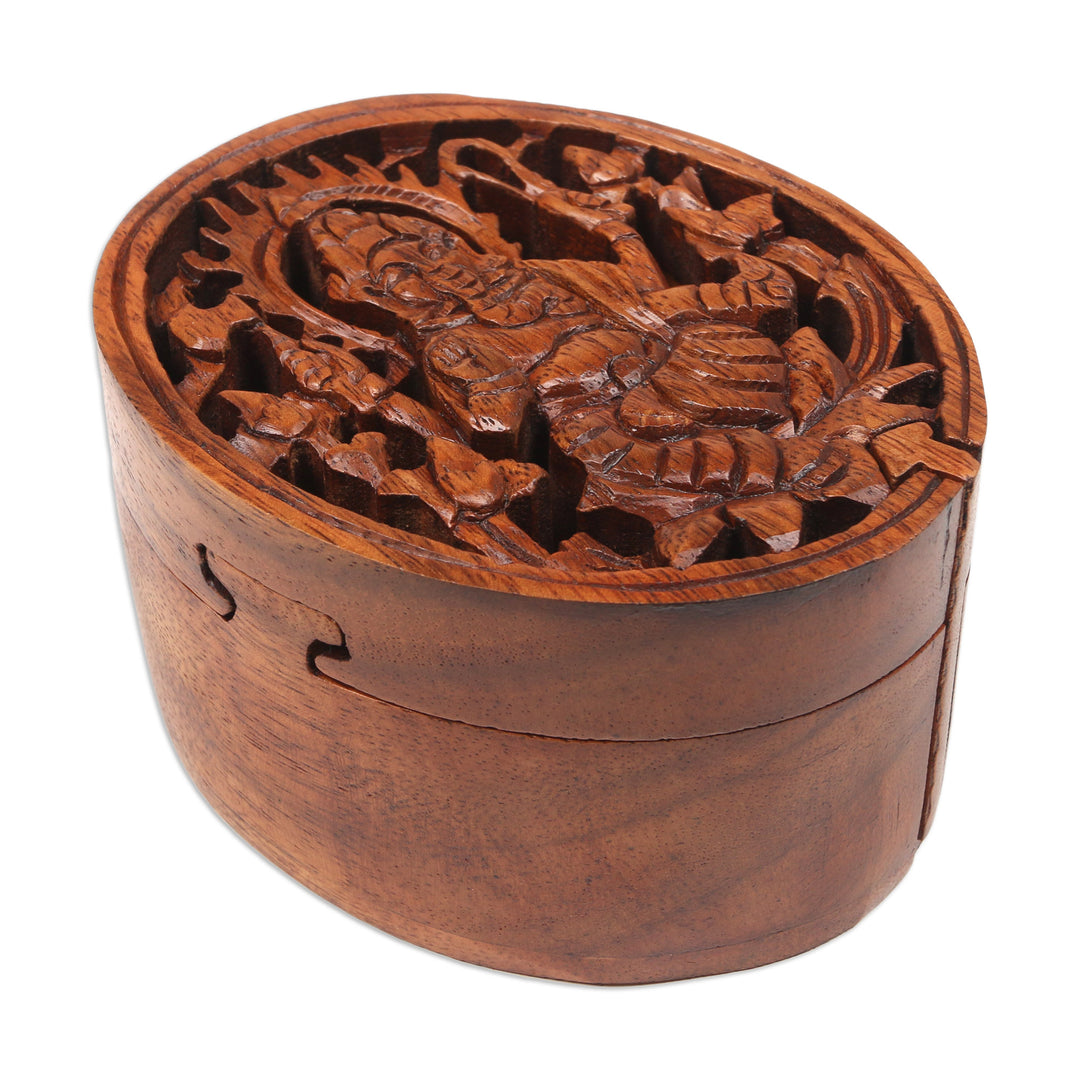 Suar Wood Puzzle Box with Traditional Hindu Carving - Sage Ganesh