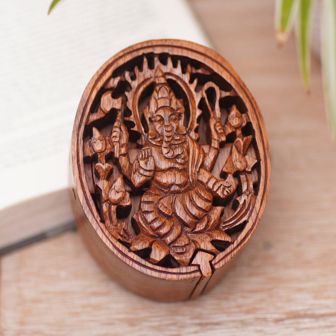 Suar Wood Puzzle Box with Traditional Hindu Carving - Sage Ganesh