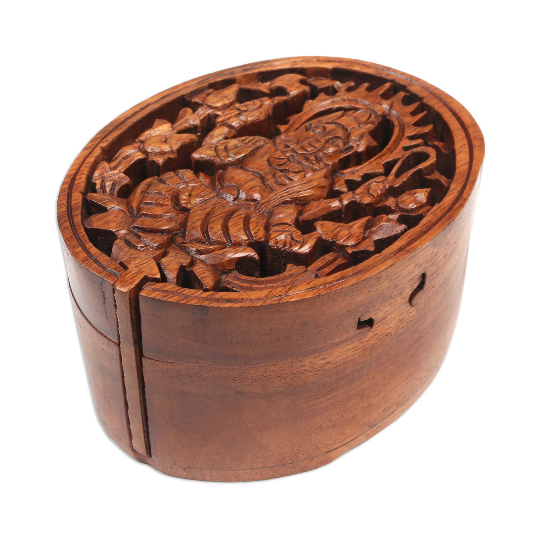 Suar Wood Puzzle Box with Traditional Hindu Carving - Sage Ganesh