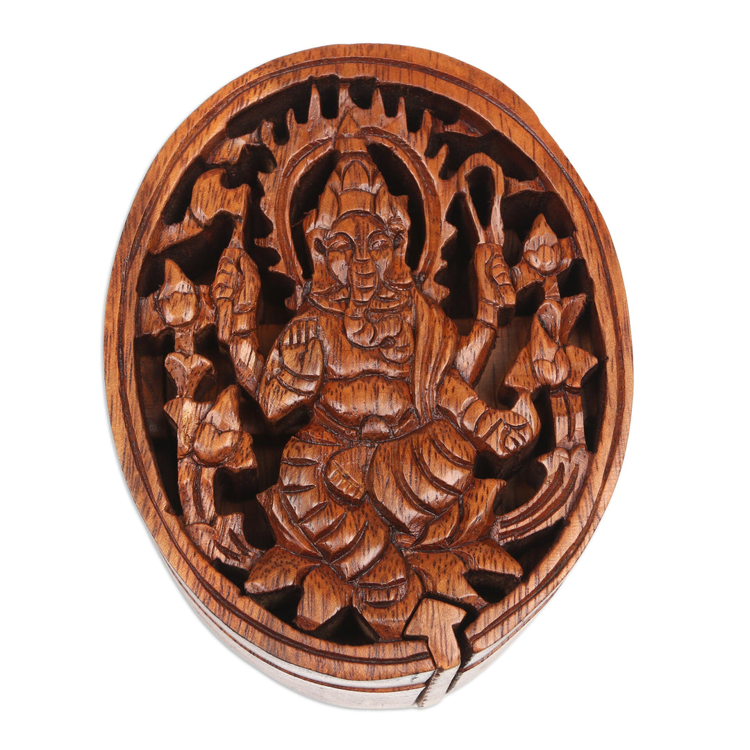 Suar Wood Puzzle Box with Traditional Hindu Carving - Sage Ganesh