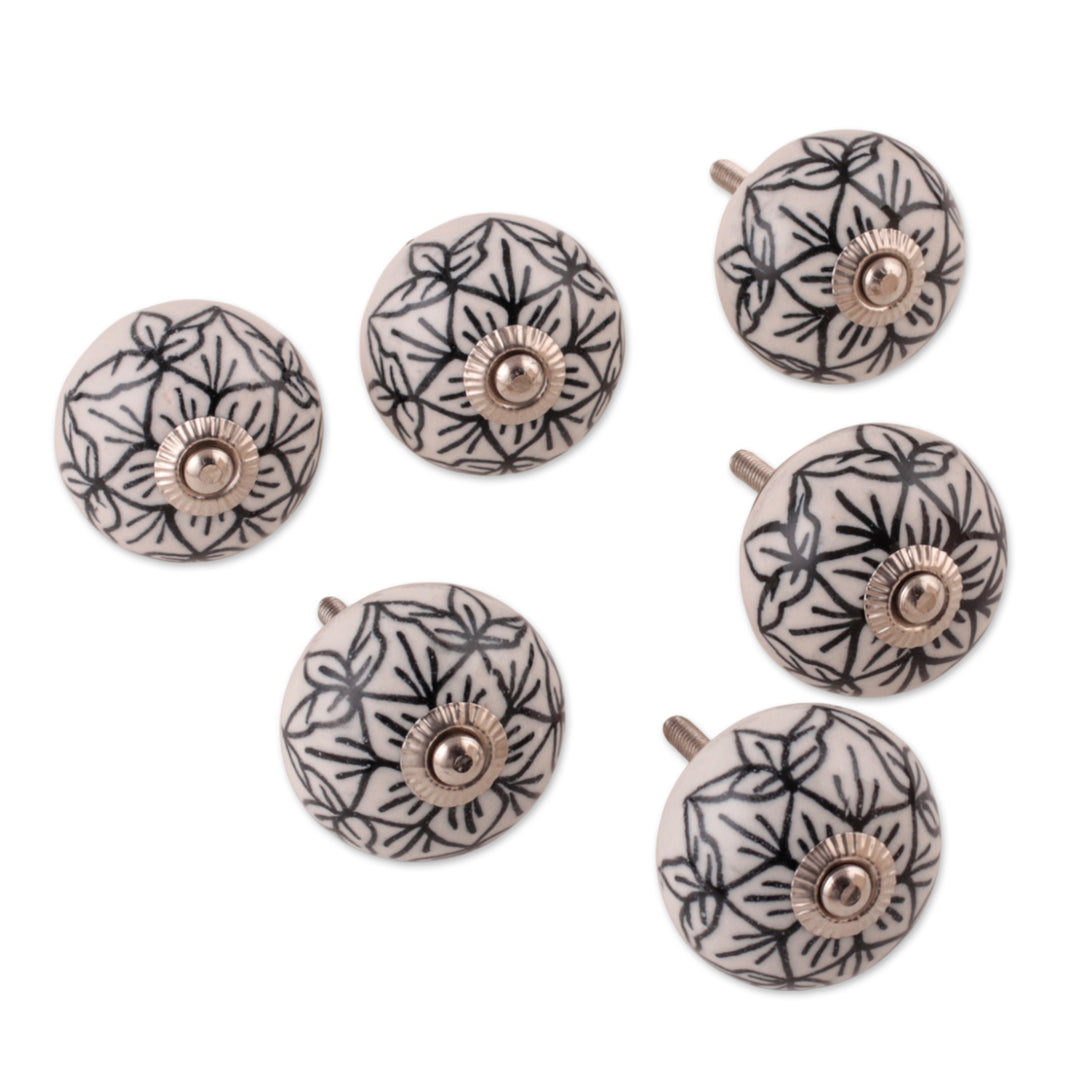 Black and White Floral 6-Piece Ceramic Knob Set from India - White Blooms