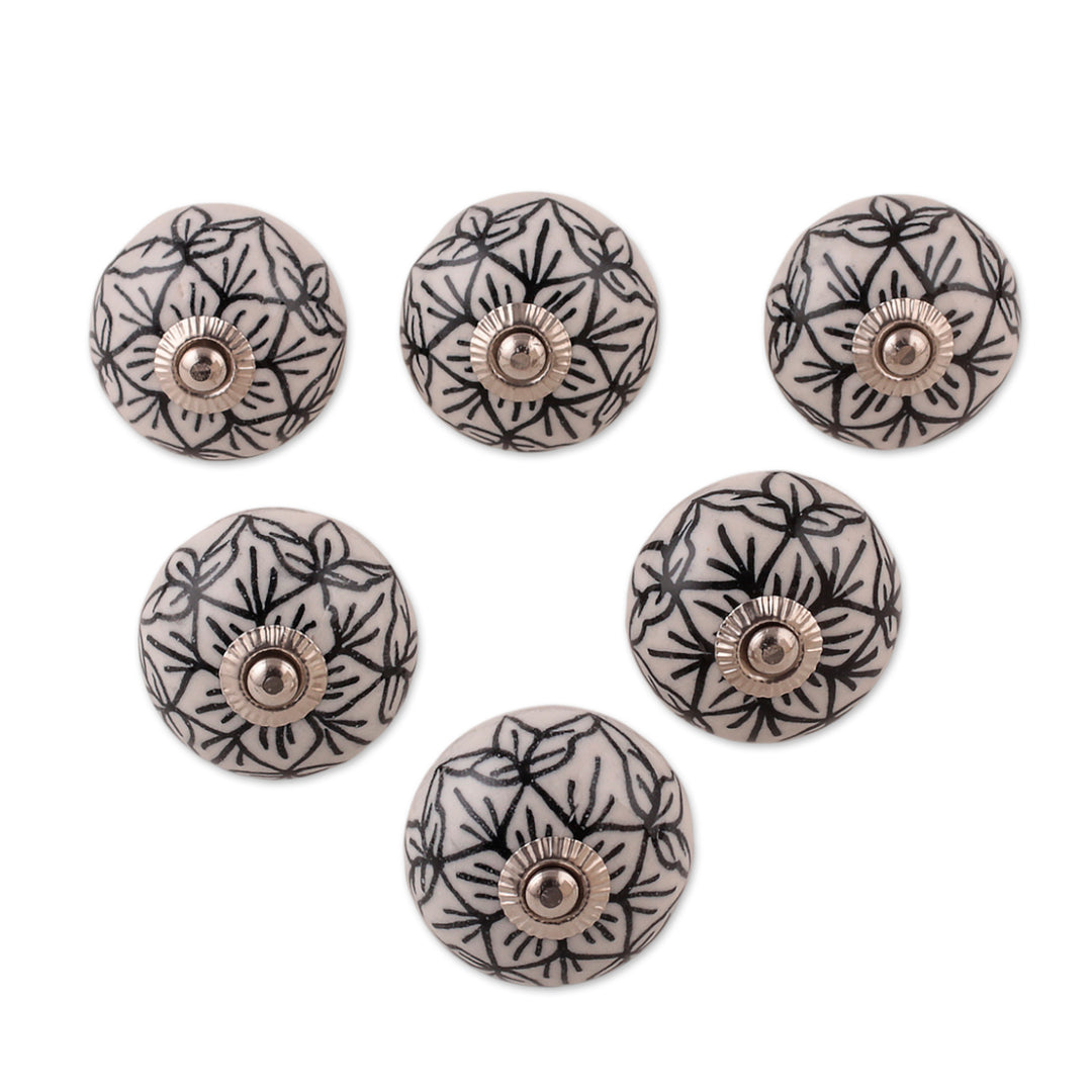 Black and White Floral 6-Piece Ceramic Knob Set from India - White Blooms
