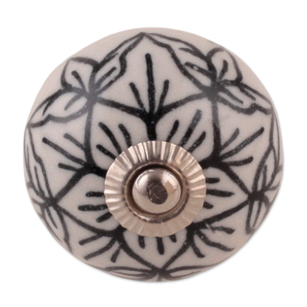 Black and White Floral 6-Piece Ceramic Knob Set from India - White Blooms