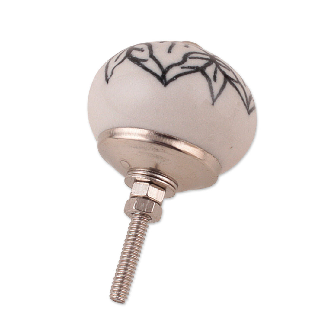 Black and White Floral 6-Piece Ceramic Knob Set from India - White Blooms