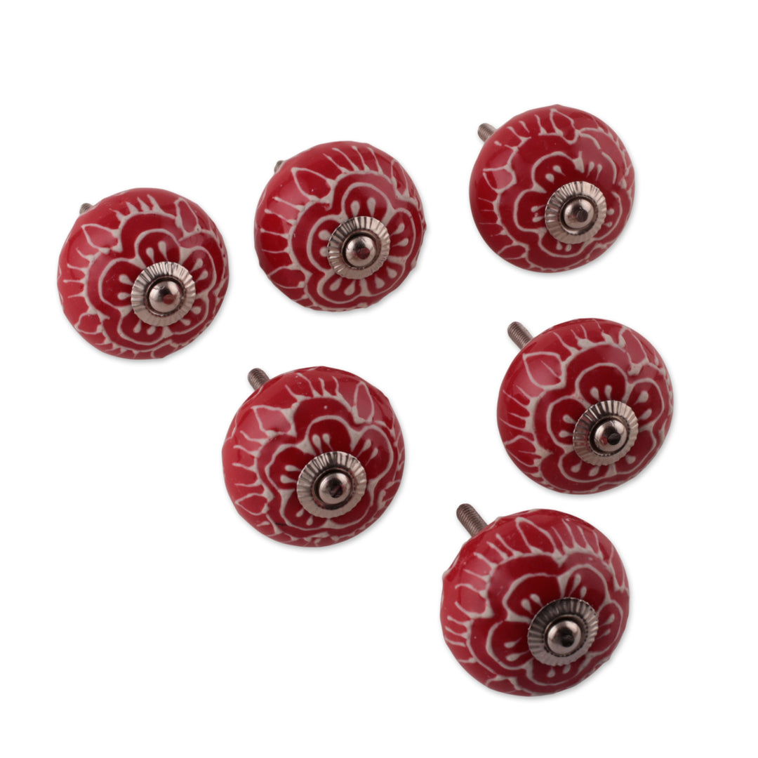 Hand-Painted Red 6-Piece Floral Ceramic Knob Set from India - Bouquet in Red