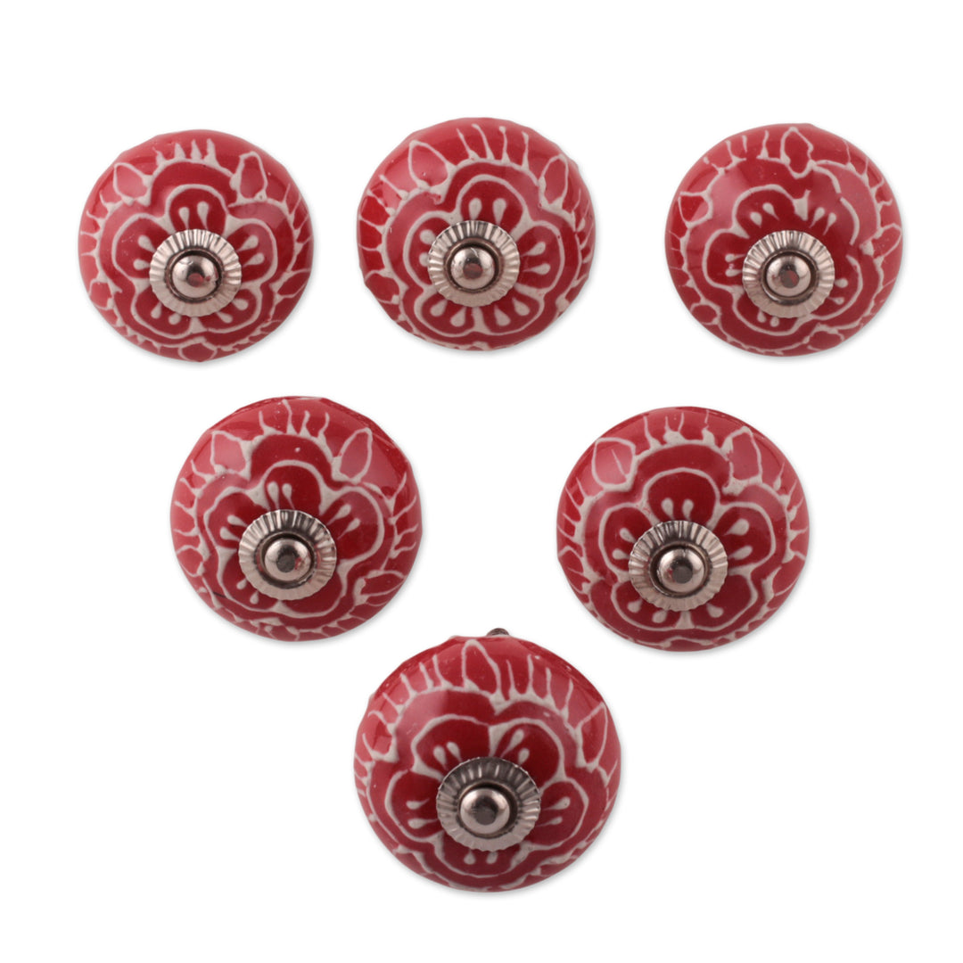 Hand-Painted Red 6-Piece Floral Ceramic Knob Set from India - Bouquet in Red