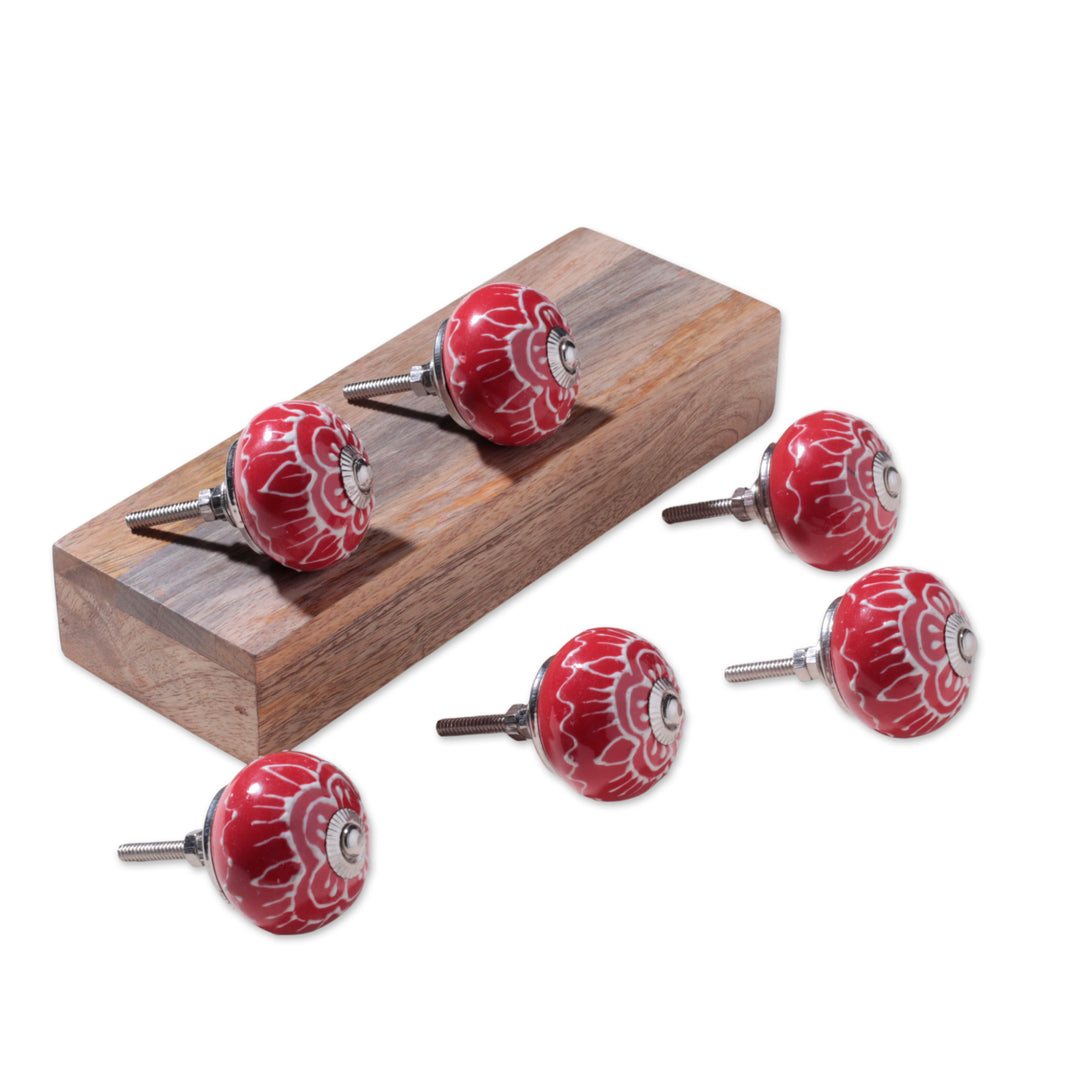 Hand-Painted Red 6-Piece Floral Ceramic Knob Set from India - Bouquet in Red