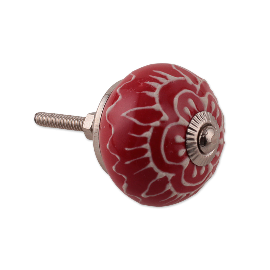 Hand-Painted Red 6-Piece Floral Ceramic Knob Set from India - Bouquet in Red