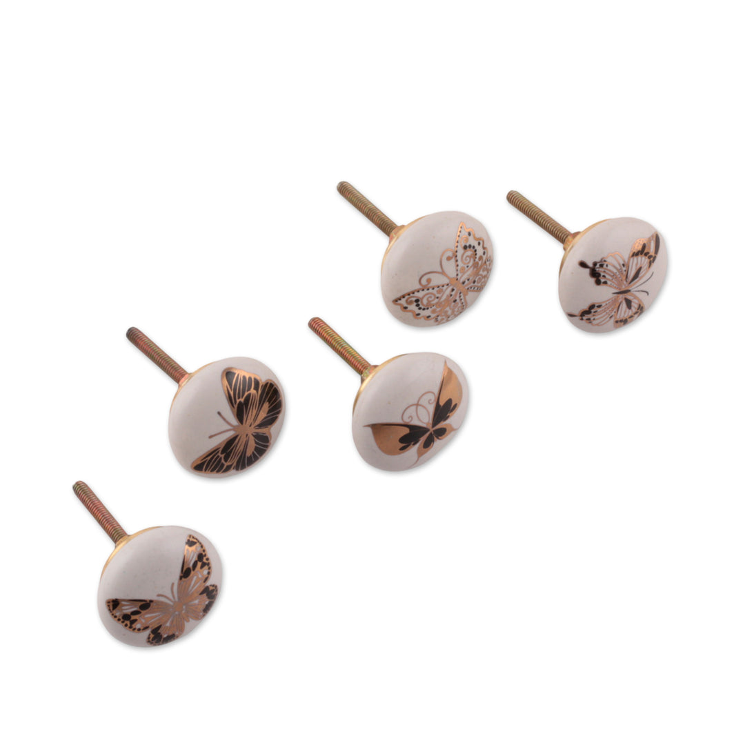 Golden Butterfly-Themed 5-Piece Ceramic Knob Set in White - Butterfly Virtue