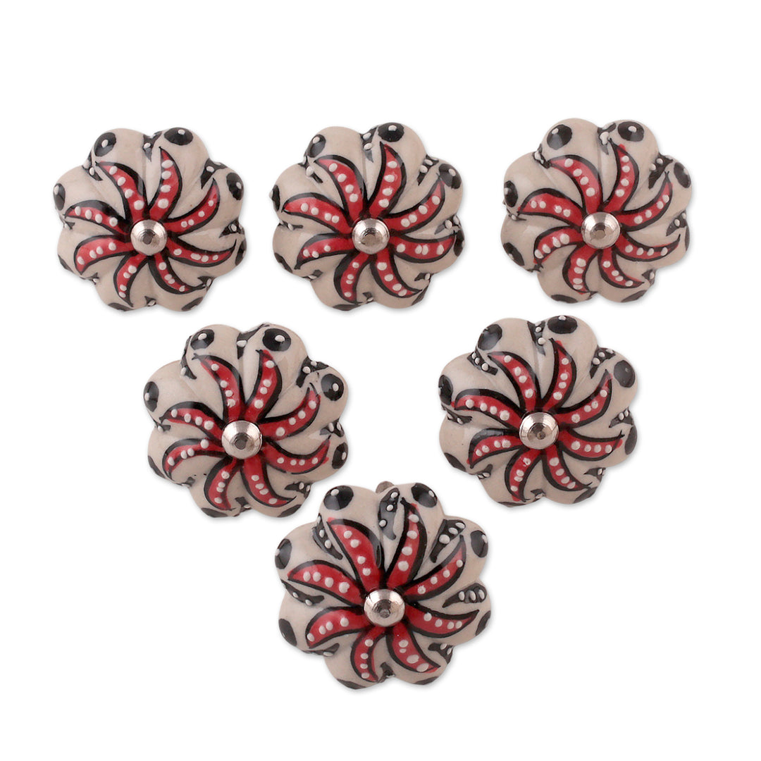 Floral Red and White 6-Piece Ceramic Knob Set from India - Spring Stars